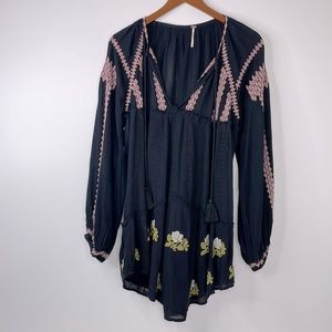 Free People black long sleeve peasant tunic pink yellow embroidery XS
